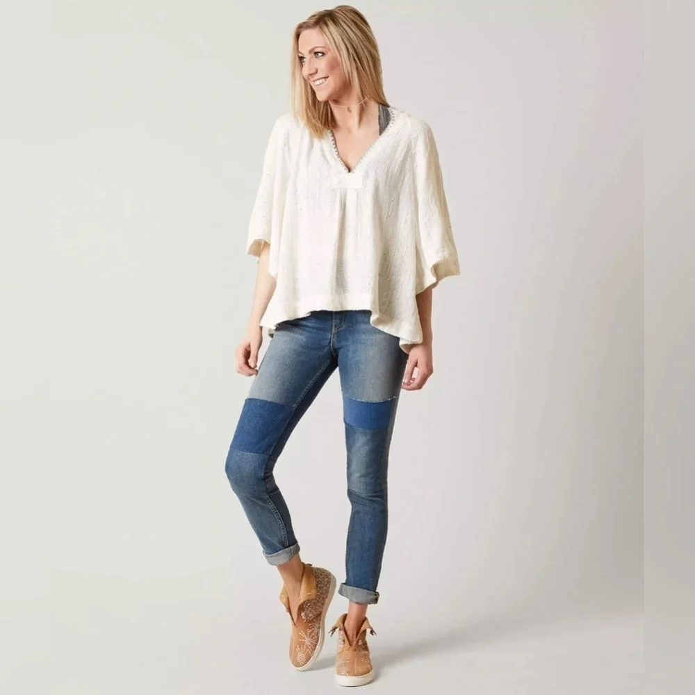 Free People Get Over It Top Bell Sleeve Sequins Metallic Boho Ivory blouse Small